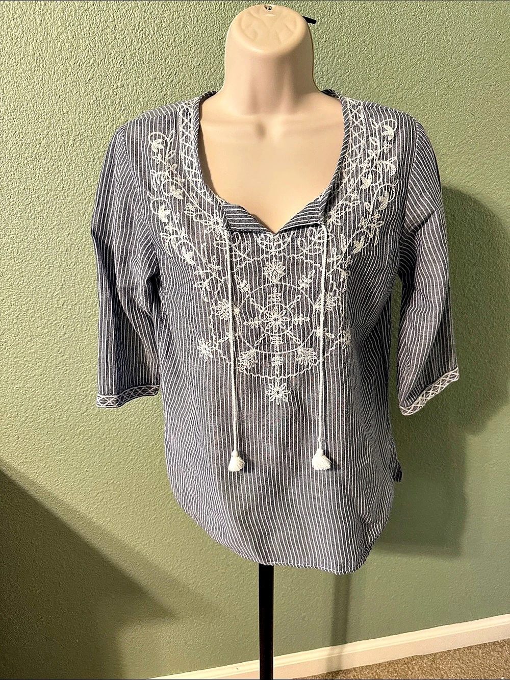 Embroidered Striped Tunic in Blue & White